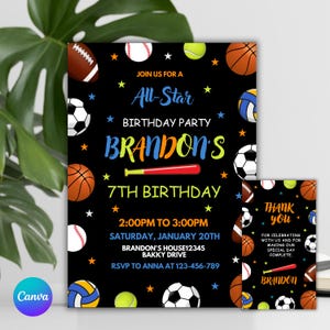 Sports Birthday Invitation Baseball Basketball Football Printable Sports Theme Invitation Template Ball Sports Birthday Party Invitation