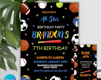Sports Birthday Invitation: Baseball, Basketball, Football (Printable Template, 5x7 Digital Download)