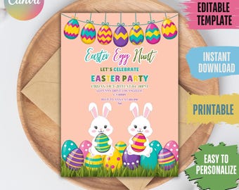 Invitación editable para la búsqueda de huevos de Pascua: Fiesta de conejito pastel (Descarga digital)