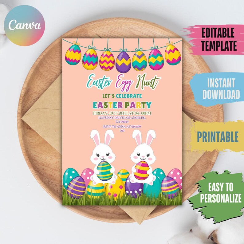🐰 Hop on over! Celebrate spring with this Easter Egg Hunt Invitation. 🌸 Features pastel tones, watercolor eggs, and floral details. Editable in Canva, printable, and ready for instant download – perfect for your Easter brunch party!