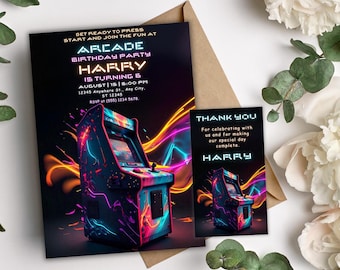 May include: A birthday party invitation with a retro arcade game graphic. The invitation is for Harry's 8th birthday party. The invitation is set against a black background with neon pink, blue, and yellow lights. The text on the invitation reads "Get ready to press start and join the fun at Arcade Birthday Party Harry is turning 8 August 15 | 6:00 PM 12345 Anywhere St., Any City, ST 12345 RSVP at (555) 1234 5678."