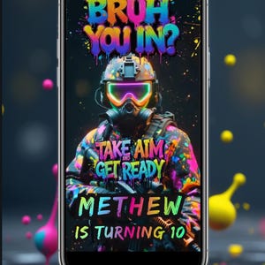 Modello di invito video per compleanno a tema paintball / Design modificabile su Canva