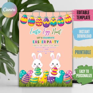 🌿 Easter Bunny Invitation 🐣 Perfect for Easter brunch and egg hunt parties, this editable Canva template features lovely pastel tones and watercolor eggs. Printable, easy to customize, and an instant download!