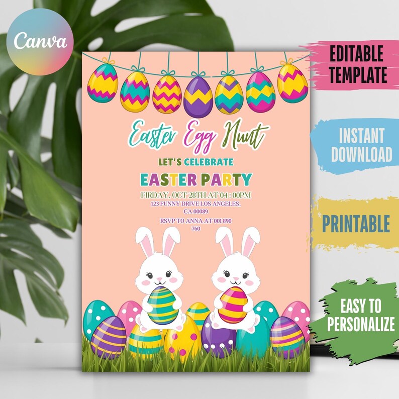 🌿 Easter Bunny Invitation 🐣 Perfect for Easter brunch and egg hunt parties, this editable Canva template features lovely pastel tones and watercolor eggs. Printable, easy to customize, and an instant download!