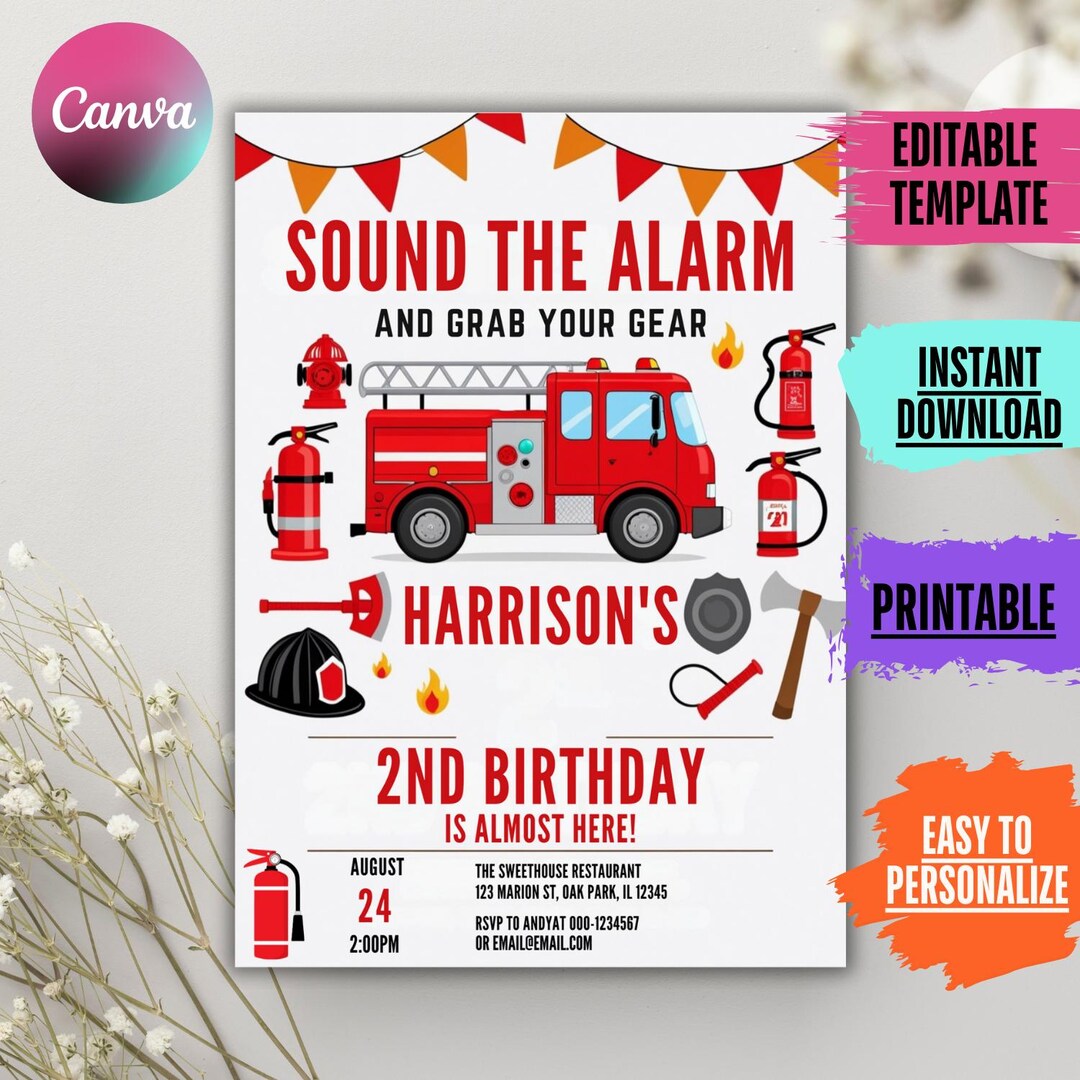 Editable Fire Truck Birthday Invitation Template Firetruck Invitation Editable Fire Truck Birthday Invitation Template Firetruck Invitation