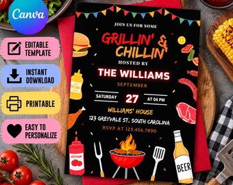 Puede incluir: Una plantilla de invitación rectangular negra con el texto Grillin' & Chillin' hosted by The Williams, decorada con banderines coloridos e ilustraciones de hamburguesa, mostaza, kétchup, salchicha, filete y una parrilla con llamas.