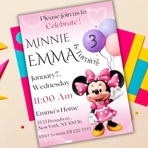 Bearbeitbare Rosa Minnie Maus Geburtstagseinladung, Aquarell Mädchen Geburtstagseinladung, druckbare Einladung, Rosa Minnie Einladung