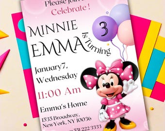 Watercolor Pink Minnie Mouse Birthday Invitation - Digital Download Girl Party