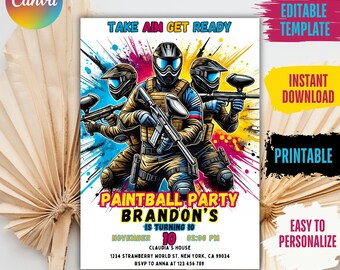 Paintball Birthday Invitation, Editable Canva Template, Boys Party Invite (Digital Download)