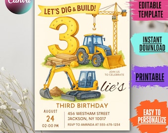 Könnte beinhalten: Eine Geburtstagseinladung mit Baustellen-Thema. Das Design zeigt eine große gelbe Zahl 3, Baumaschinen und den Text "LET'S DIG & BUILD!". Die Einladung enthält Datum, Uhrzeit und Ort. Sofortiger Download und einfach zu personalisieren.