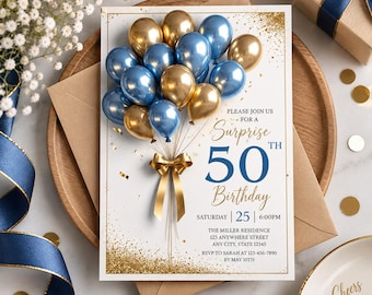 Modelo de convite para aniversário de 50 anos em preto e dourado (download digital)