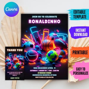 Bearbeitbare Sporteinladung, Neonsporteinladungen, Sportflyer, Sportthema einladen, Glow ALL STAR SPORTS-Einladungsvorlage Sofort-Download