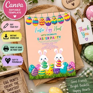 May include: A peach-colored Easter party invitation template featuring a string of colorful patterned eggs at the top, two white bunnies holding eggs in green grass, and text detailing an Easter Egg Hunt party on Saturday, April 8th.