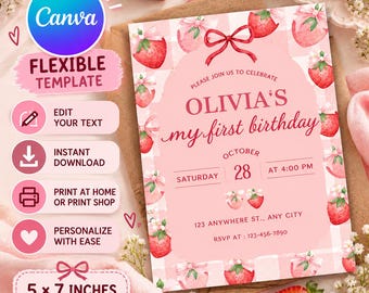 Strawberry First Birthday Invitation, Sweet One, Pink Gingham, Watercolor Bows (Digital Template)