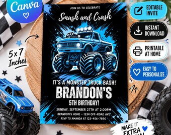 Monster Truck Birthday Invitation, Boom Crash It's A Monster Truck Bash! birthday boy, Boy Monster Truck Invite, dirt.
