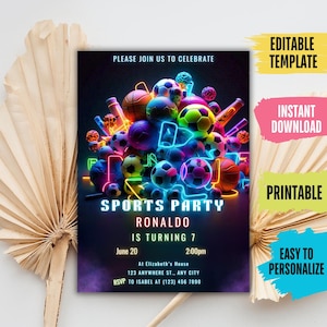 Sjabloon sportuitnodiging feest - Evite All Sports, voetbal, voetbal uitnodigen, bewerkbare sportuitnodiging, sportverjaardagsfeestje, direct downloaden