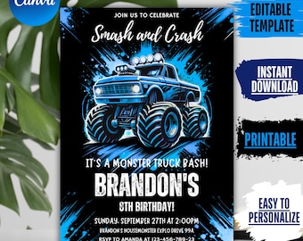 Invitación de cumpleaños con temática de Monster Truck: Plantilla editable de Canva (Descarga digital)