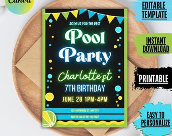 Editable Neon Glow Pool Party Invitation for Boys - Blue Green Canva Template Digital Download