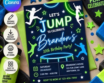 May include: A rectangular birthday party invitation card with a dark blue background featuring neon-style green and blue graphics of children jumping on a trampoline. The text reads: Let's Jump to Celebrate Brandon's 10th Birthday Party, Saturday 28 August, 2:00 PM - 4:00 PM, Brandon's House 123 Fun Zone Lane Anytown, CA, RSVP to Mom at 123-456-7890.