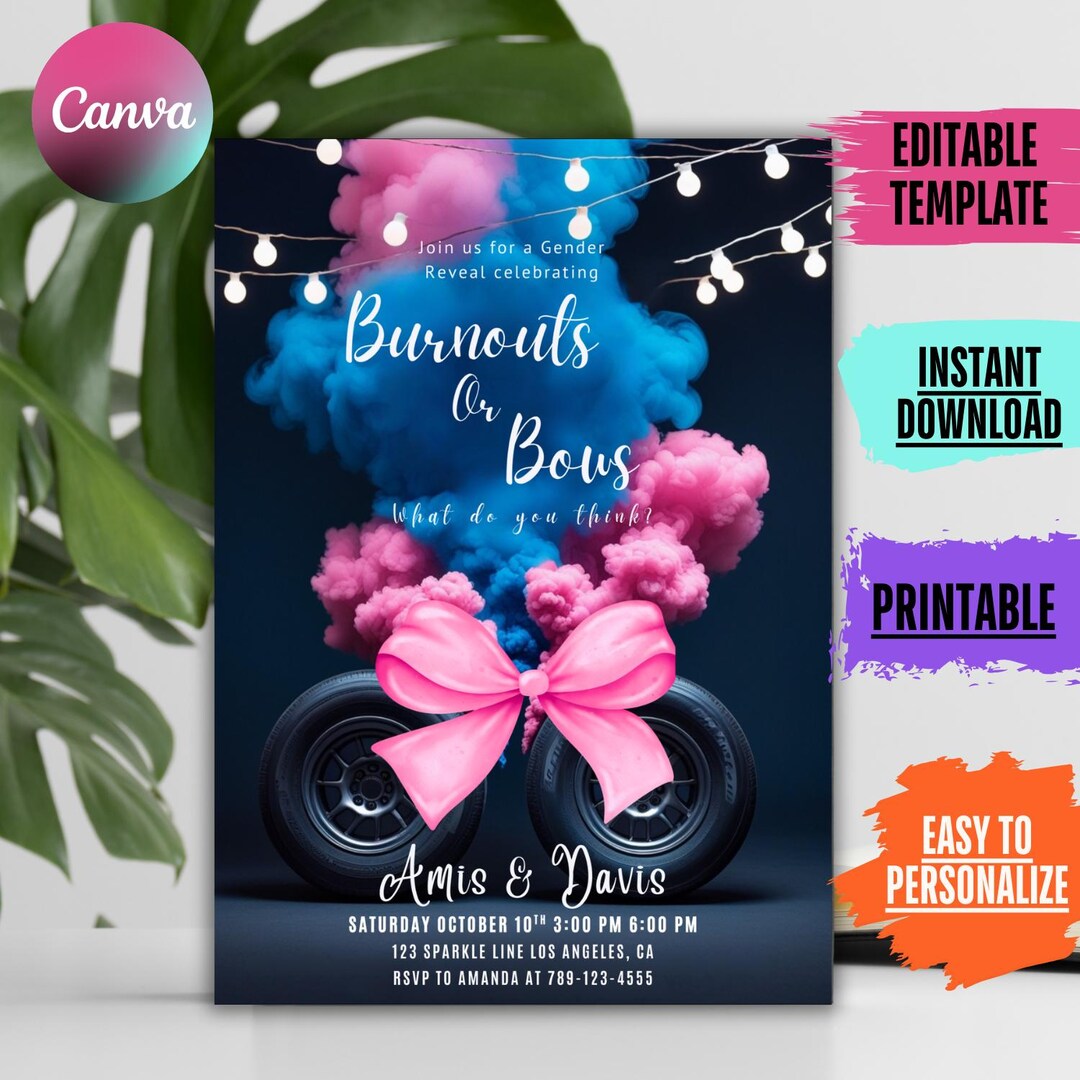 Burnouts or Bows Gender Reveal Invitation, Editable Canva Template