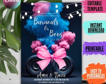 Burnouts or Bows Gender Reveal Invitation, Editable Canva Template (Digital Download)
