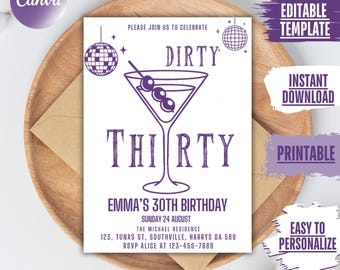 May include: Purple and white printable invitation for a 30th birthday party. The invitation features a martini glass with olives and the text "Dirty Thirty".