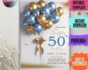 Black & Gold 50th Birthday Invitation Template (Digital Download)