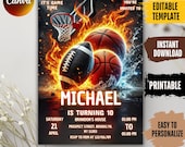 Editable Sports Birthday Invitation: Football, Basketball (Instant Download)
