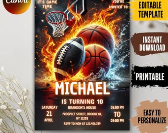 Editable Sports Birthday Invitation: Football, Basketball (Instant Download)