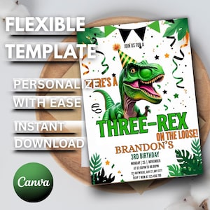 Dinosaur Birthday Invitation, Editable Three Rex Birthday Invite, Boys Third Birthday Dino Party, Three-Rex On The Loos