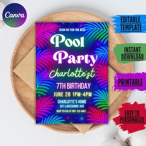Editable Pool Party Birthday Invitation Neon Glow Swim Invite for Boys Blue Green Pool Birthday Canva Template Digital Download Evite Boy