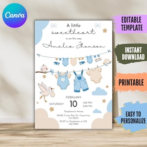 Boy baby shower invite, clothesline baby shower invite, boho baby shower invite, a sweet boy invite, editable template, printable invite