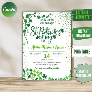 May include: Printable St. Patrick's Day party invitation with green shamrock designs. The invitation reads "Join us to celebrate St. Patrick's Day at the Mirha's House. Saturday, March 14, 3:00 PM. Mirha's Home, 500 Cristo Rey Dr, Cupertino, CA 95014. RSVP to Kelly at 123-456-7890. Beer and snacks will be provided."
