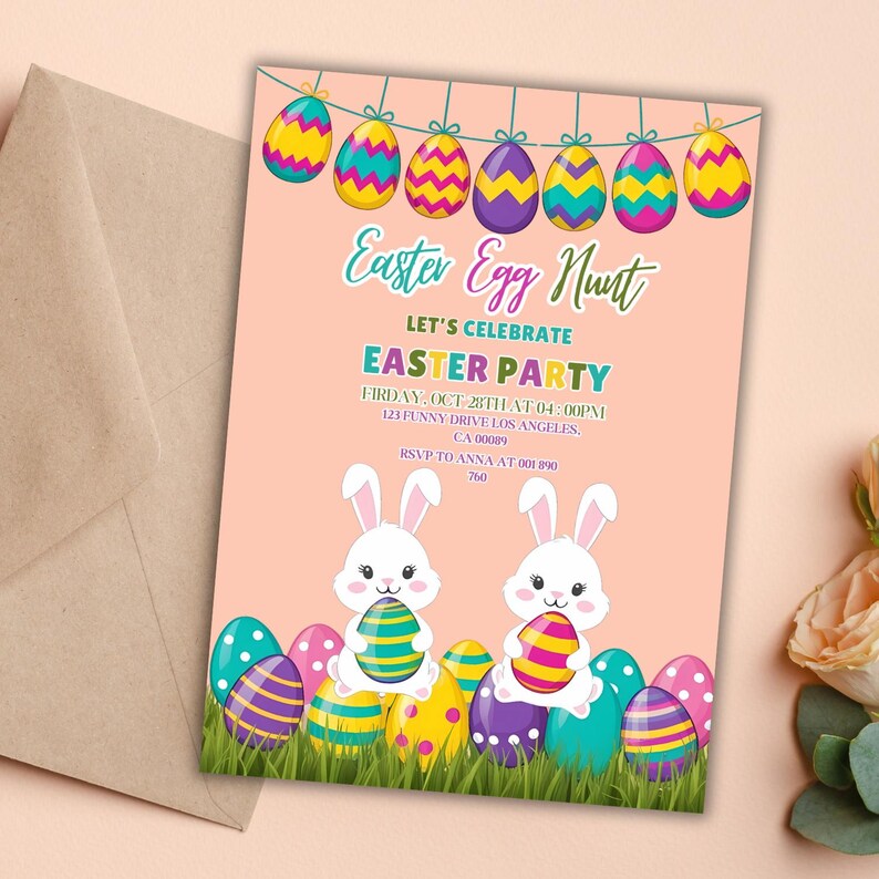 🐣 Hop on over! Our Easter Bunny Invitation with floral and pastel accents is ideal for an egg hunt party. 💌 Editable, printable, and available for instant download – crafted with love for memorable moments.