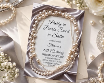 Puede incluir: Una tarjeta de invitación rectangular con un centro blanco y texto negro que dice Pretty in Pearls Sweet in Satin, You are invited to Theresa's 14th Birthday, Saturday 20th October, at Serenity Manor, 123 Pearlbrook Lane, Austin, RSVP to Maria at 567 8901.
