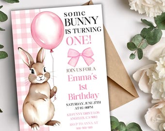 Girl's Bunny First Birthday Invitation, Pink Bow Rabbit Theme (Digital Download)