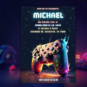Gamer Birthday Invitation: Neon Level Up Party, Editable Canva Template (5x7 Digital Download)
