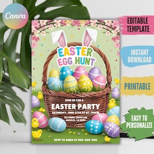 May include: Easter-themed invitation with a basket filled with colorful Easter eggs. The invitation includes the text "Easter Egg Hunt" and "Easter Party". The design features bunny ears, chicks, and floral accents. The invitation is an editable template.