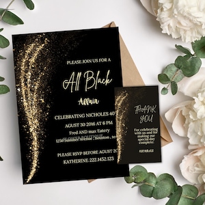 Digital Birthday Dinner Invitation Template, Black Tie Glam Invite, Animated Black Golden Diamond Evite For Men & Women, Self Editable eCard