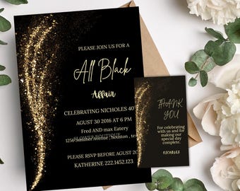All Black Affair Invitation, Gold Glitter Birthday Evite (Digital Download)