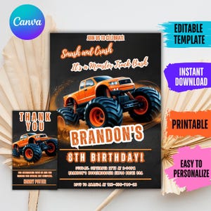 Monster Truck verjaardagsuitnodiging, bewerkbare Truck Age, digitale sjabloon, direct downloaden, afdrukbare vlam Monster Truck thema feestuitnodiging