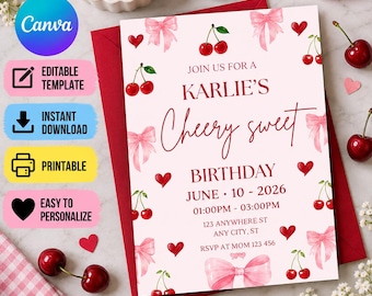 Puede incluir: Una tarjeta de invitación de cumpleaños rectangular con fondo rosa claro que presenta ilustraciones en acuarela de cerezas rojas, lazos rosas y pequeños corazones rojos. El texto dice: JOIN US FOR A KARLIE'S Cheery sweet BIRTHDAY JUNE 10 - 2026.