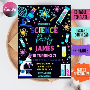 May include: A science-themed party invitation with a black background, featuring colorful illustrations of atoms, test tubes, and a microscope. The text reads "Science Party" and includes the name "James" and party details.