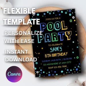 Neon Pool Party Birthday Invitation Boys Blue Green Summer Invite Glow Pool Party Canva Swim Party E-vite birthdayinvitation E-vite