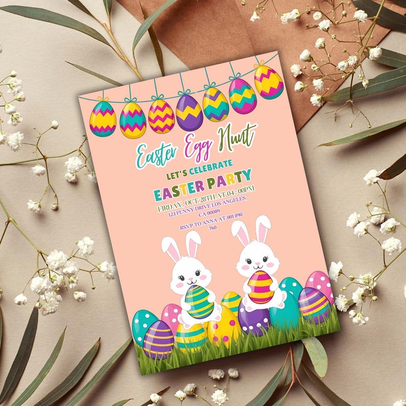 🌿 Easter Egg Hunt Invite 🌿 Celebrate with this editable Canva template, featuring lovely pastel hues and watercolor eggs. 🐇 Printable, instant download, and perfect for Easter brunch or egg hunt parties!