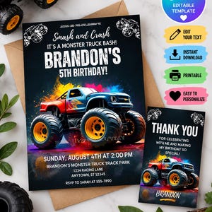 Bearbeitbare Monster Truck Geburtstagseinladung - Sofortiger digitaler Download Evite