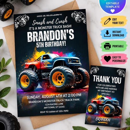 Invitación de cumpleaños editable de Monster Truck - Descarga digital instantánea Evite