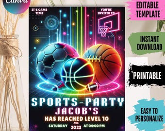 May include: A vibrant sports-themed invitation with a black background. It features a soccer ball, basketball, and a football, all with neon outlines. Text includes "Sports-Party," "Jacob's," and event details. The design also includes the text "Editable Template," "Instant Download," "Printable," and "Easy to Personalize."