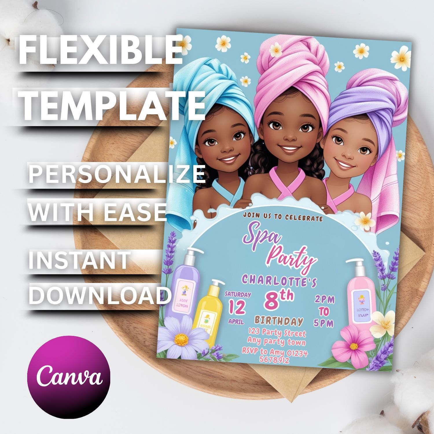 Editable Spa Party Invitation Template: Pink, Blue, Lavender (digital ...