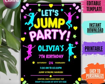 Invitación de cumpleaños para niña con trampolín: Invitación editable para fiesta de saltos (Descarga digital)